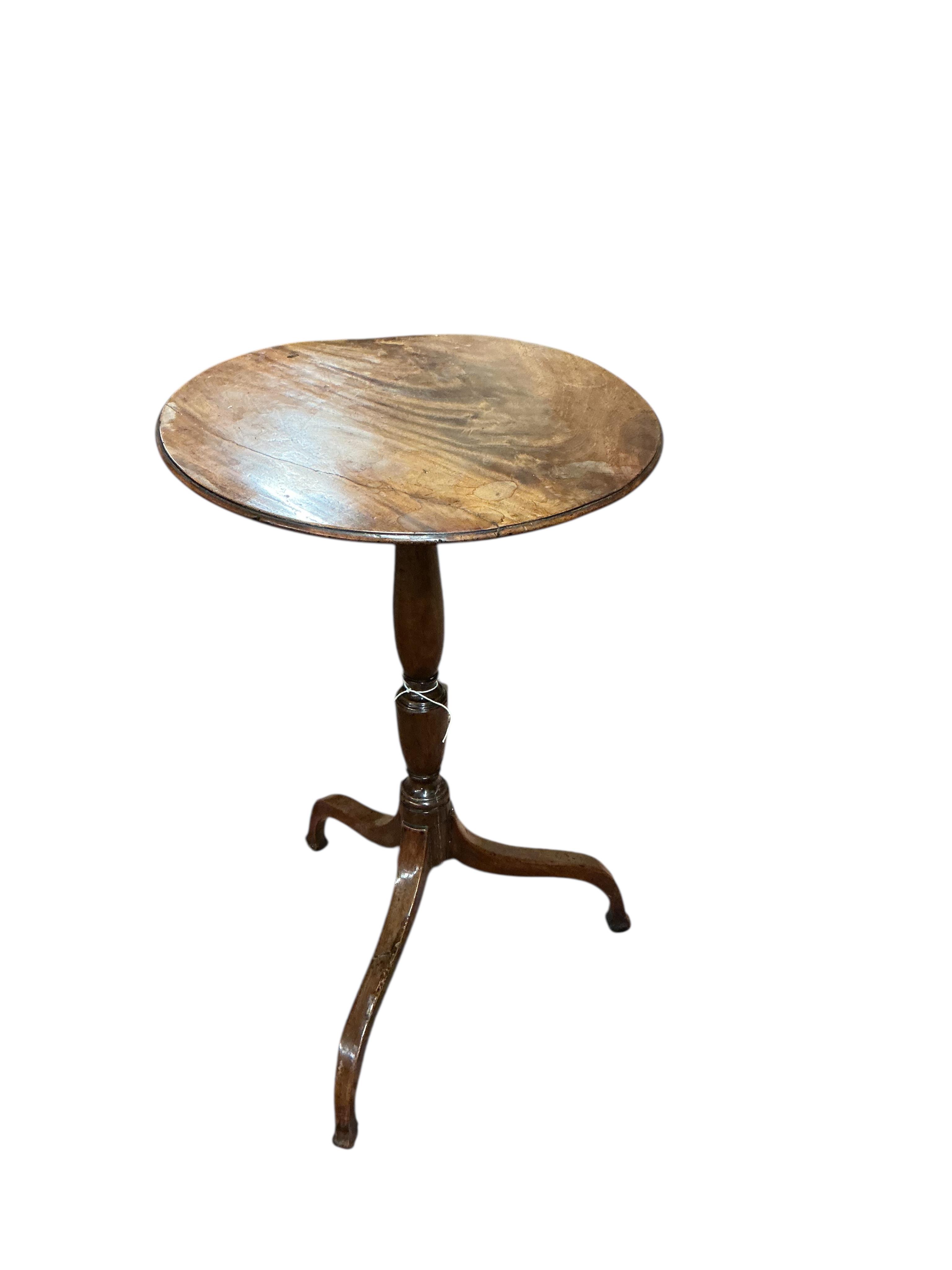 Two early 19th century circular mahogany tripod wine tables, larger diameter 50cm, height 69cm